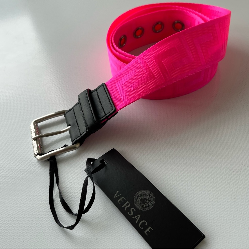 NWT VERSACE HOT PINK CLOTH BELT WITH ICONIC VERSACE GRECA LOGO